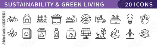 Sustainability and Green Living Icons Set, A collection of 20 icons representing sustainability and green living, including eco-friendly products, renewable energy, and environmentally conscious pract