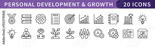 Personal Development and Growth Icons Set, A collection of 20 icons representing personal development and growth, including goal setting, achievements, meditation, and self-improvement symbols.
