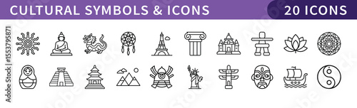 Cultural Symbols and Icons Set, A collection of 20 icons representing various cultural symbols, including monuments, rituals, and traditional motifs from diverse cultures.
