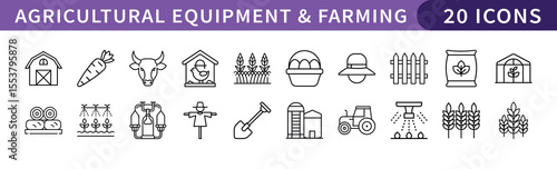 Agricultural Equipment and Farming Icons Set, A collection of 20 icons featuring agricultural equipment and farming elements, including tractors, crops, animals, and farming tools.
