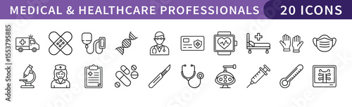 Medical and Healthcare Professionals Icons Set, A collection of 20 icons representing medical and healthcare professionals, including doctors, stethoscopes, ambulances, and medical tools.
