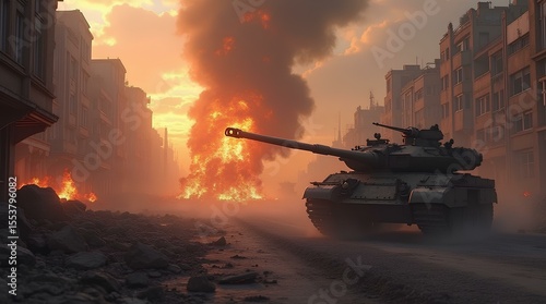 Military tank on the street among the ruins of the ruined city on the background of a powerful explosion, fire and puffs of smoke