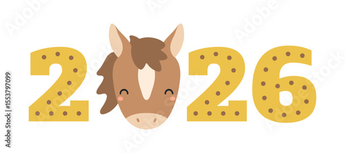 2026 New Year horseshoe text, cute cartoon horse face isolated. Flat vector illustration. Asian zodiac sign, animal character. Chinese Lunar New Year kawaii holiday card, banner, design element