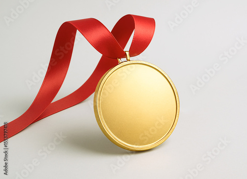Gold Medal Mockup with red Ribbon on Light Background