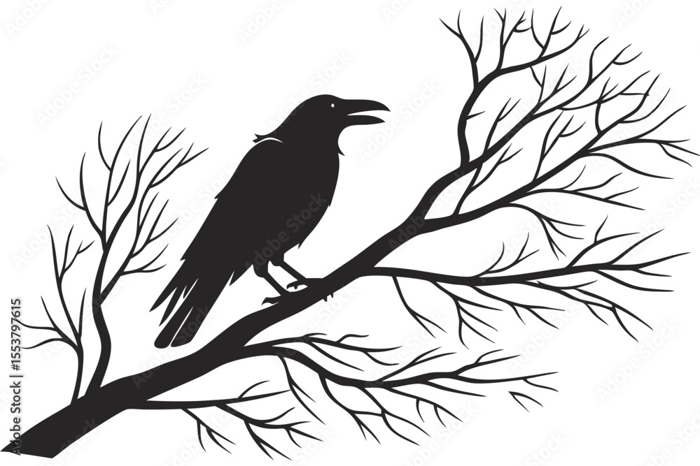 Crow on Branch Vector Minimal Silhouette Illustration Crow on Branch Vector Minimal Silhouette Illustration
