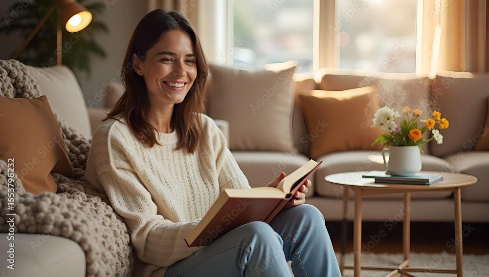 Smiling in Serenity: A Woman's Cozy Afternoon Setting Smiling in Serenity: A Woman's Cozy Afternoon Setting