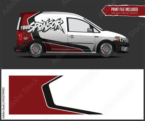 Van Wrap Design with Red and Black Graphics