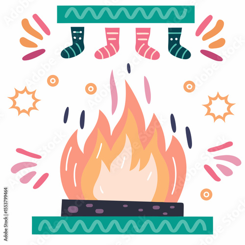 Cozy cartoon fireplace with stockings and fire