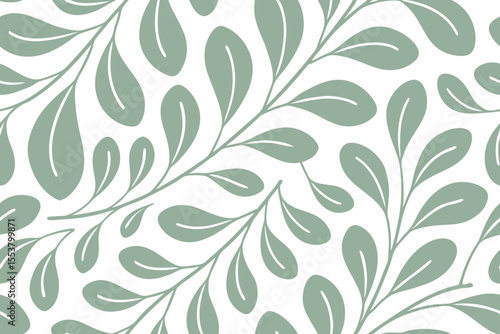 Sage green leaves and stems pattern on a background creating a seamless botanical design