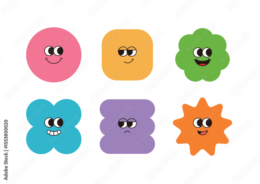 Fototapeta premium Playful colorful cartoon faces in unique geometric shapes, expressing emotions like joy, calm, and surprise. Great for kids, learning materials, and creative design projects.