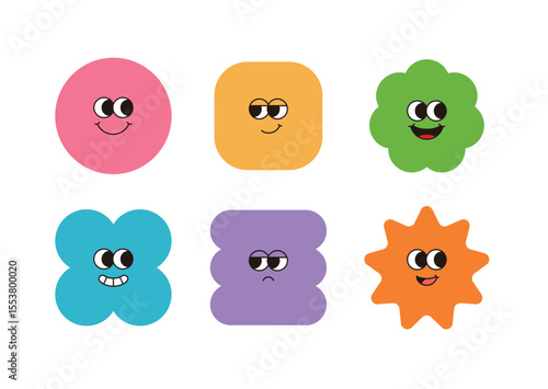 Playful colorful cartoon faces in unique geometric shapes, expressing emotions like joy, calm, and surprise. Great for kids, learning materials, and creative design projects.