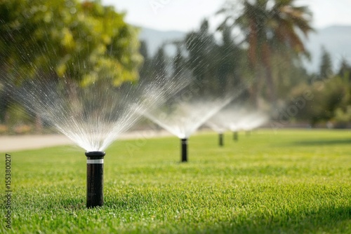 Fototapeta Naklejka Na Ścianę i Meble -  Sprinklers watering a lush green lawn, on a sunny day, in a park setting, with trees and palms in background.