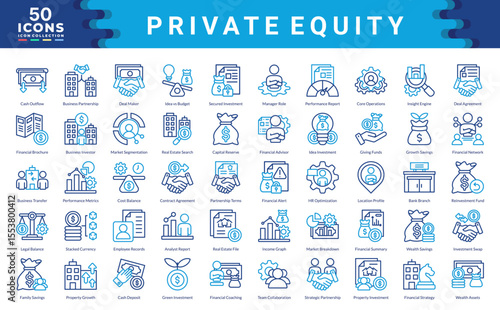 Private Equity icon collection. Simple color outline vector illustrations.
