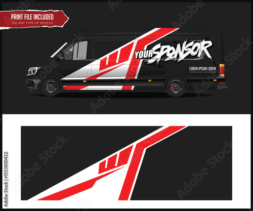 Black Van Wrap Design with Red and White Graphics