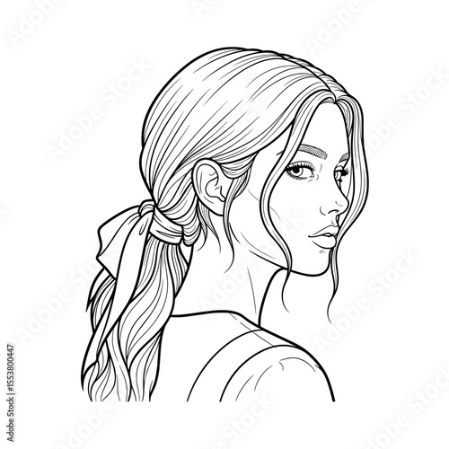 Charming woman with a ponytail and ribbon showcasing a casual and elegant style Hair tied in low ponytail with ribbon and soft strands out