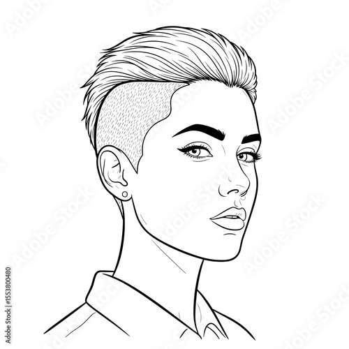 Short haircut with undercut lines and minimalist earrings Bold woman with a short trendy haircut showcasing an edgy and confident look
