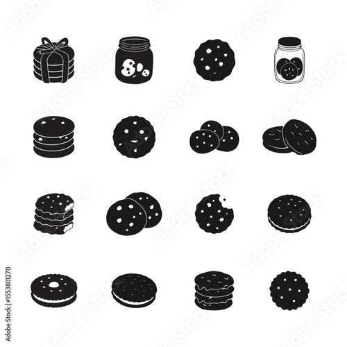 Cookie Silhouette Vector Set with Biscuit and Jar Icons on White Background .