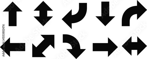 Black Filled Arrow Symbol Collection – Curved, Straight, and Directional Navigation Icons, Arrow Direction Icon Set