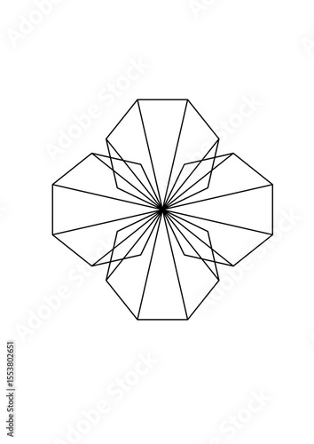 Flower-shaped rosette made of four heptagons with a complex, graceful, floral design, black and white