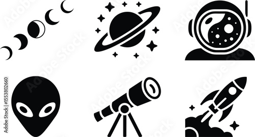 Black Silhouette Space Icons – Alien, Rocket, Planet, Astronaut, Telescope, Moon Phases