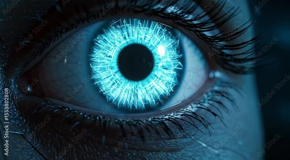 Cyber Eye Animation with Interface, futuristic blue and neon colors, sci-fi HUD technology visualization