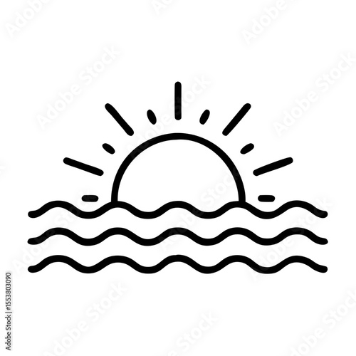 Minimalist sun rising over ocean waves line icon