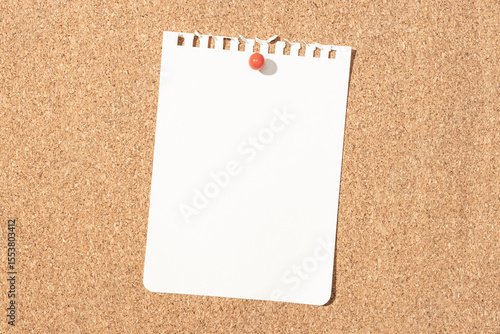 Blank notebook paper sheet pinned on cork board. Template Mock up