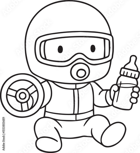 Tiny Racer's Dream: An endearing illustration of a baby racer wearing a helmet, goggles, and racing suit, holding a steering wheel and a bottle, capturing the innocence of a future racing champion.