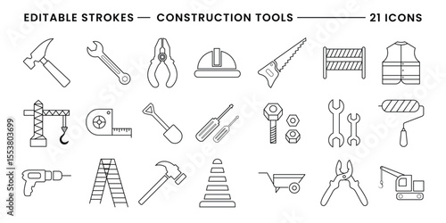 Collection of construction tools and safety equipment vector icons with editable strokes isolated on transparent background