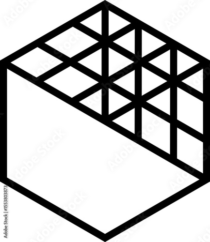 Polygon shape outlined with a thick line featuring straight linear elements within one half of the structure.