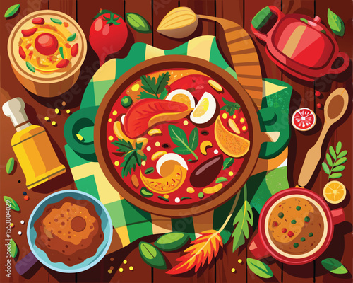 Authentic creole cuisine featuring vibrant dishes vector art design 