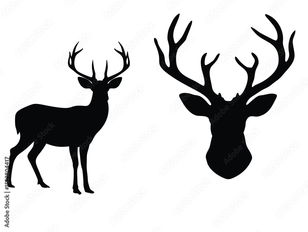 Deer Silhouette and Head Vector, Wildlife and Hunting Symbol Design Deer Silhouette and Head Vector, Wildlife and Hunting Symbol Design