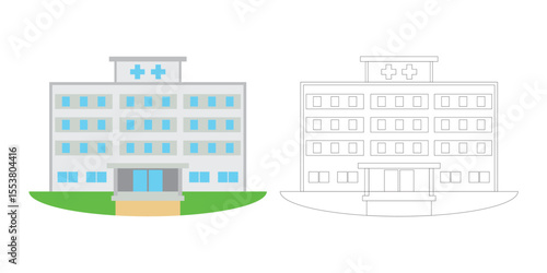 Stylized flat design of a modern hospital building with a medical cross emblem