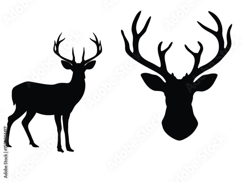 Deer Silhouette and Head Vector, Wildlife and Hunting Symbol Design