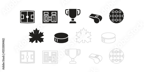 Collection of hockey and sports icons featuring a rink scoreboard trophy whistle puck and maple leaf