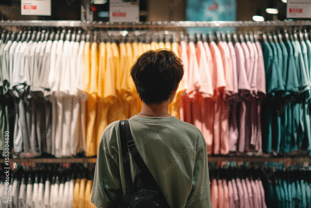 Fototapeta premium A Young Man Shopping for T Shirts at a Clothing Store