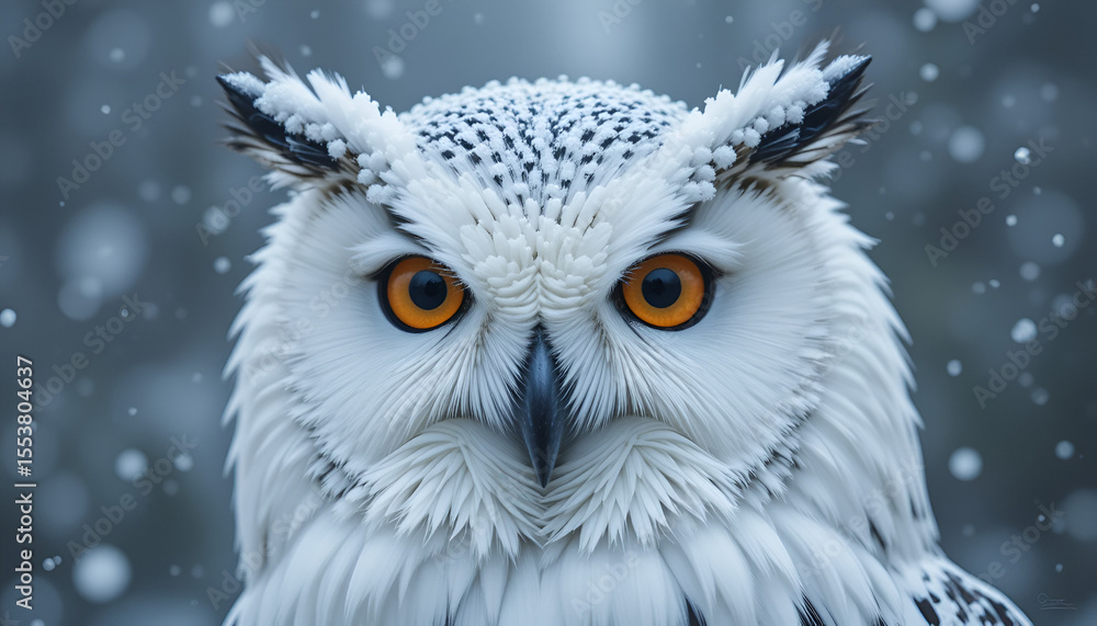 Fototapeta premium Majestic snowy owl portrait features striking orange eyes against a softly blurred winter background, ideal for nature enthusiasts and wildlife projects.