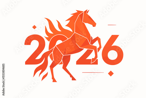 Flaming origami-style Red Fire Horse forming 2026 numerals, clean geometric vector illustration on white background for Lunar New Year corporate greeting