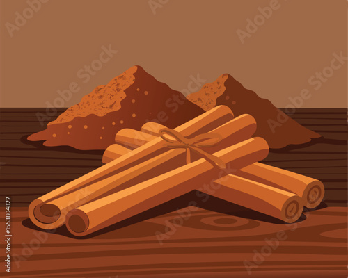 Cinnamon sticks and ground cinnamon powder arranged on wooden surface vector art design 