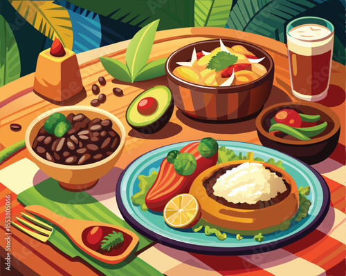 Cuban dishes featuring vibrant colors various food items vector art design 