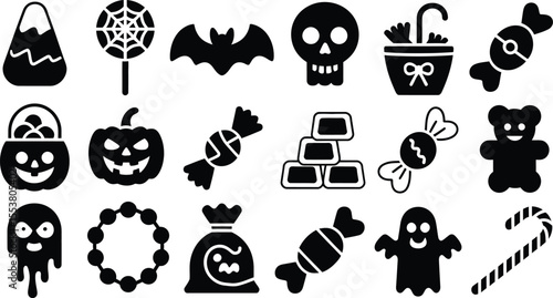 A set of vector Halloween icons featuring cartoon skulls, black silhouettes, and witch hats