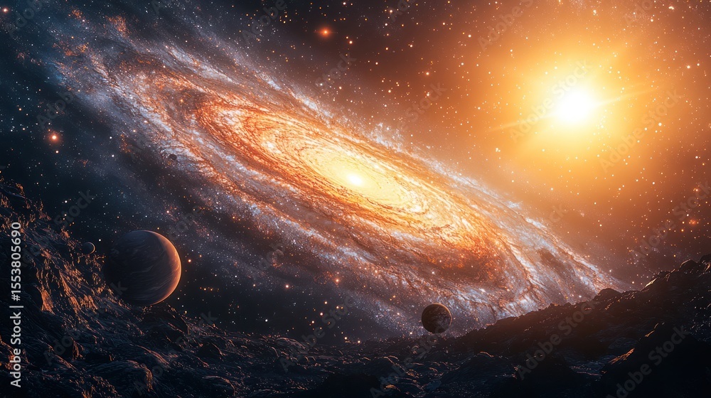 Obraz premium A Cosmic Panorama Galaxy, Planets, and Starry Night