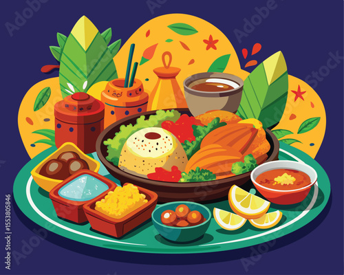Indonesian cuisine featuring vibrant dishes vector art design 