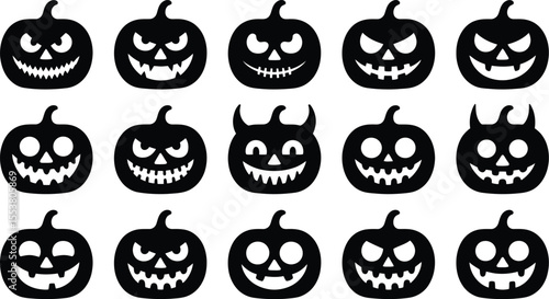 Set of Halloween pumpkin icons with spooky faces and autumn holiday designs