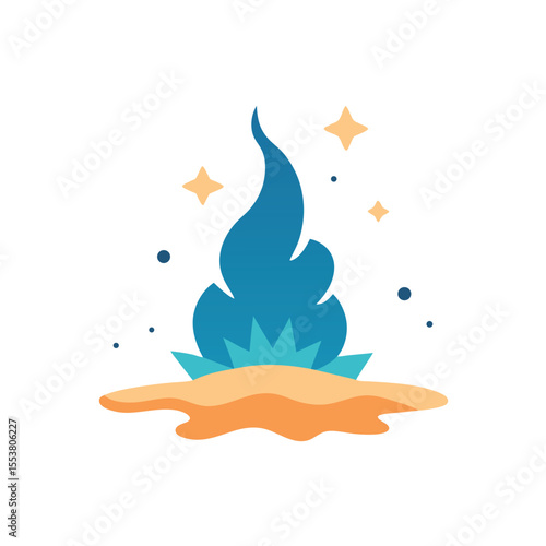 Night beach bonfire glowing with rising smoke and stars Vector illustration