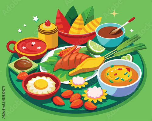Malaysian cuisine featuring vibrant dishes vector art design 