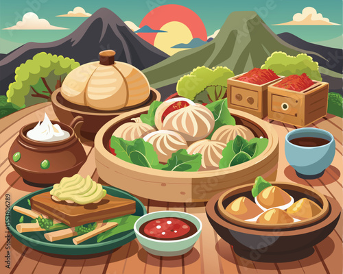 Mongolian cuisine spread featuring traditional dishes and foods vector art design 