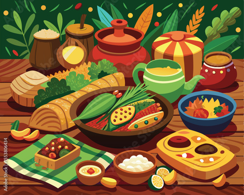 Native food spread featuring traditional food dishes vector art design 