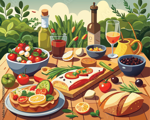 Provencal cuisine spread featuring fresh food dishes vector art design 