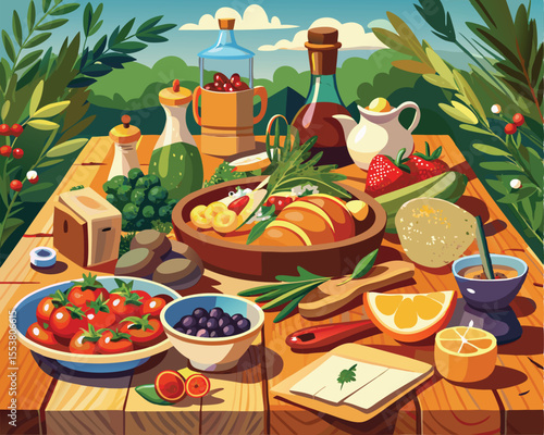 Provencal cuisine spread featuring fresh food dishes vector art design 